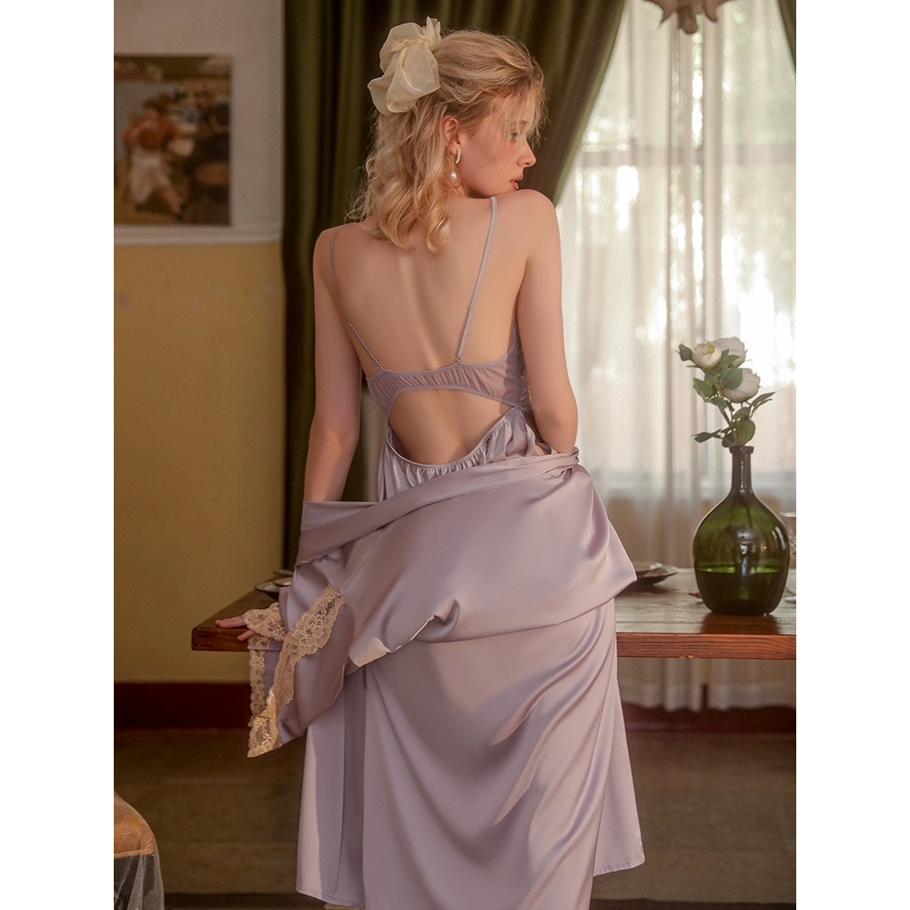 Váy ngủ sexy lụa xẻ lưng đan dây tặng Đầm ngủ lụa ren ngực gợi cảm quyến rũ Váy Ngủ Sexy Phối Ren Cao Cấp Hàng