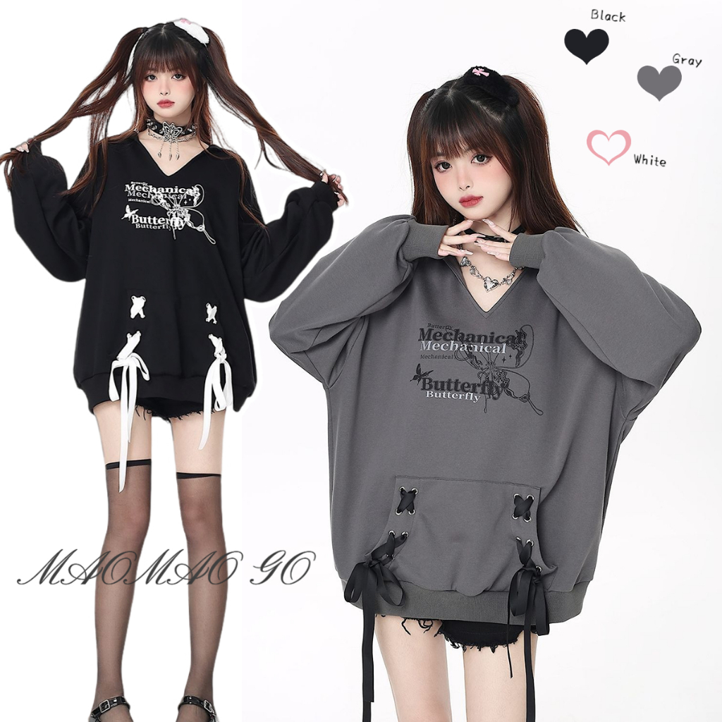 Maomao GO Áo sweater Có Mũ Trùm Dáng Rộng Cổ Chữ V Dây Buộc Dài Trung Bình Phong Cách vintage Đường Phố Giản Dị Dành Cho Bạn Nữ