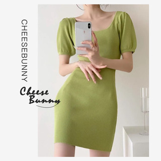 CheeseBunny Đầm ôm dệt kim tay ngắn phồng thời trang mới