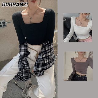 DUOHANZI Áo Thun Dài Tay Cổ Vuông Dáng Ôm Thời Trang Dành Cho Nữ