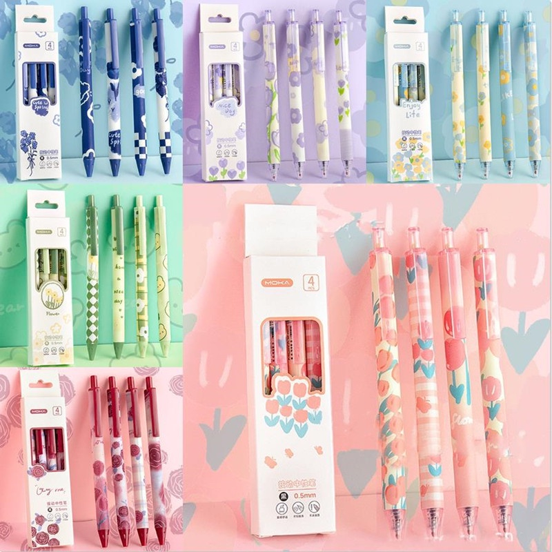 4 Bút Mực Gel Ngòi 0.5mm In Hình Hoa Hồng Xinh Xắn yk