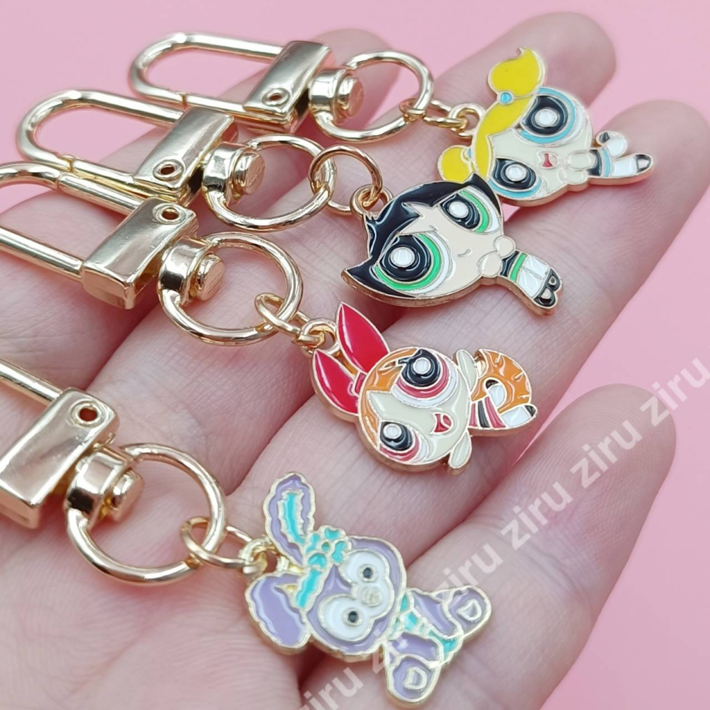 Anime the powerpuff girls keychain men cartoon keyring stellalou mặt dây chuyền túi dây kéo tô điểm quà tặng cho trẻ em