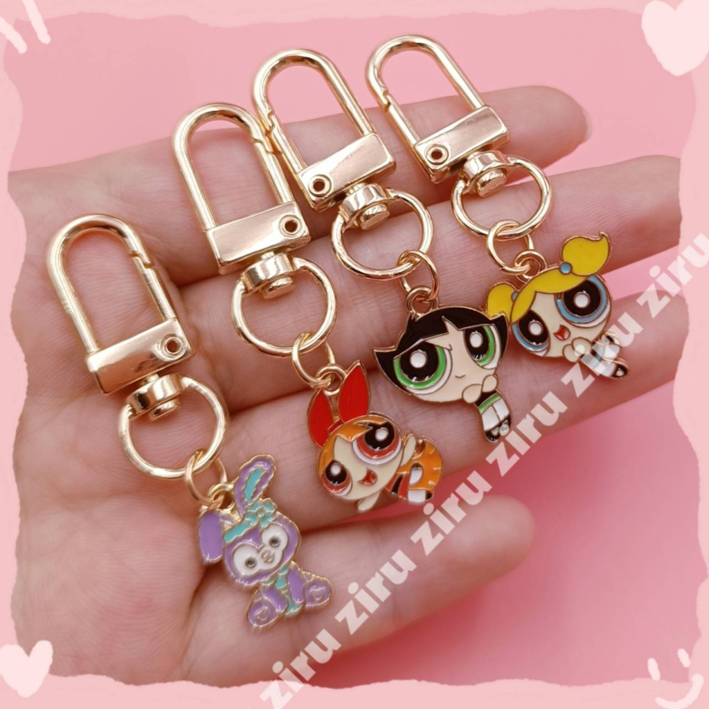 Anime the powerpuff girls keychain men cartoon keyring stellalou mặt dây chuyền túi dây kéo tô điểm quà tặng cho trẻ em