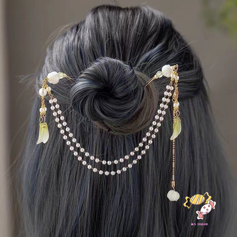 YADORNOS Trâm Cài Tóc Dạng Chuỗi Xích Kép Đính Ngọc Trai Bằng Hợp Kim Phong Cách Trung Hoa Cho Nữ