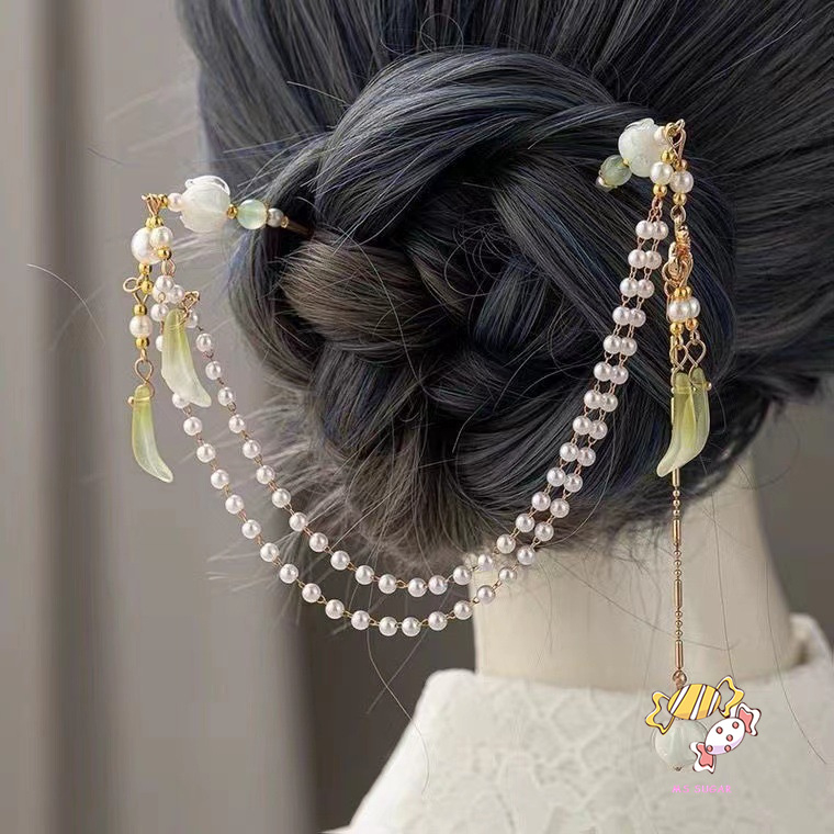 YADORNOS Trâm Cài Tóc Dạng Chuỗi Xích Kép Đính Ngọc Trai Bằng Hợp Kim Phong Cách Trung Hoa Cho Nữ