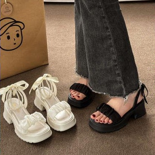 Dép bánh mì  2023 mẫu mới nơ ngọc trai lưới đế dày tăng gót thô nữ