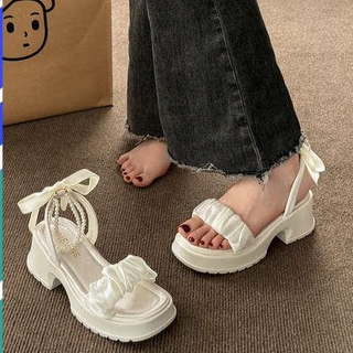 Dép bánh mì  2023 mẫu mới nơ ngọc trai lưới đế dày tăng gót thô nữ