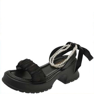 Dép bánh mì  2023 mẫu mới nơ ngọc trai lưới đế dày tăng gót thô nữ