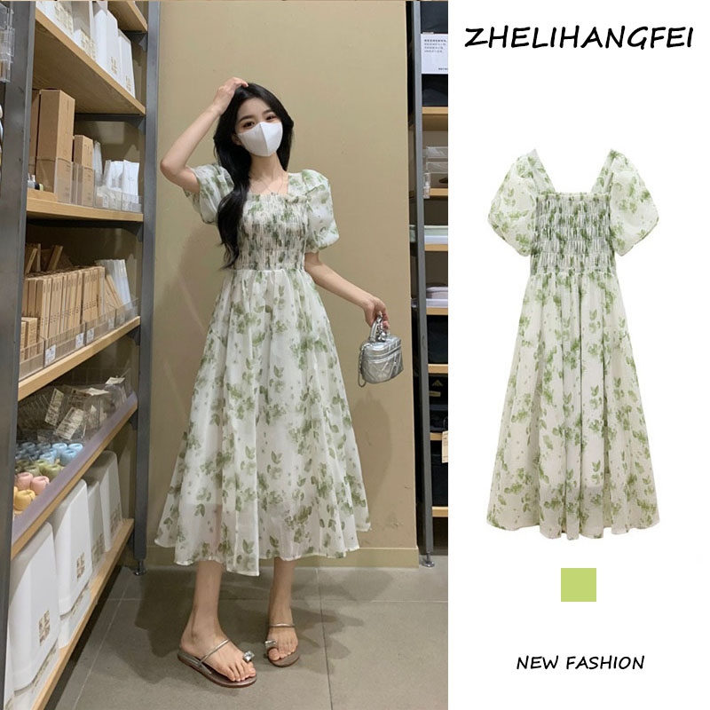 ZHELIHANGFEI Đầm Hoa Cổ Vuông Xếp Ly Thiết Kế Dễ Thương