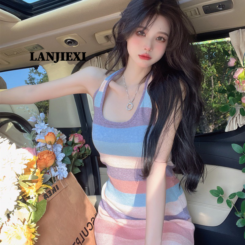 LANJIEXI Đầm ngắn cổ yếm họa tiết kẻ sọc màu sắc tương phản phong cách Hàn Quốc thời trang cho nữ