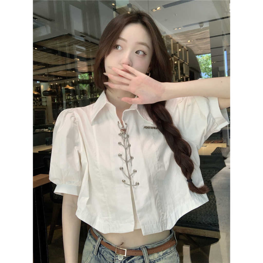 Áo Sơ Mi áo nữ mùa hè mát chiffon Ngắn Tay Dáng Ôm Thiết Kế Buộc Dây Xích Trái Tim Kiểu Pháp Độc Đáo Cho áo anime Nữ áo raglan