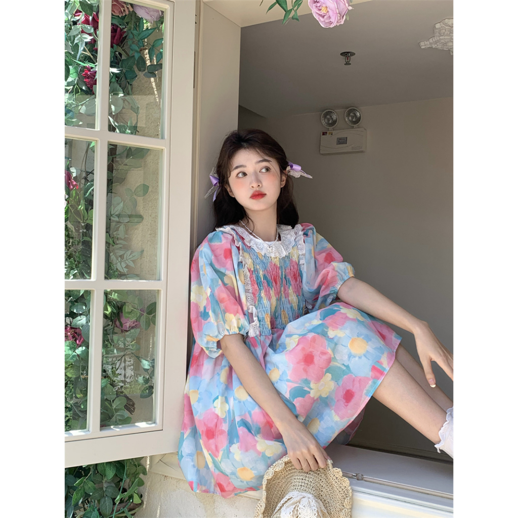 Đầm Chữ A Tay Ngắn Phồng váy Phối Ren Hoa Thời Trang Mùa Hè Mới Cho Nữ