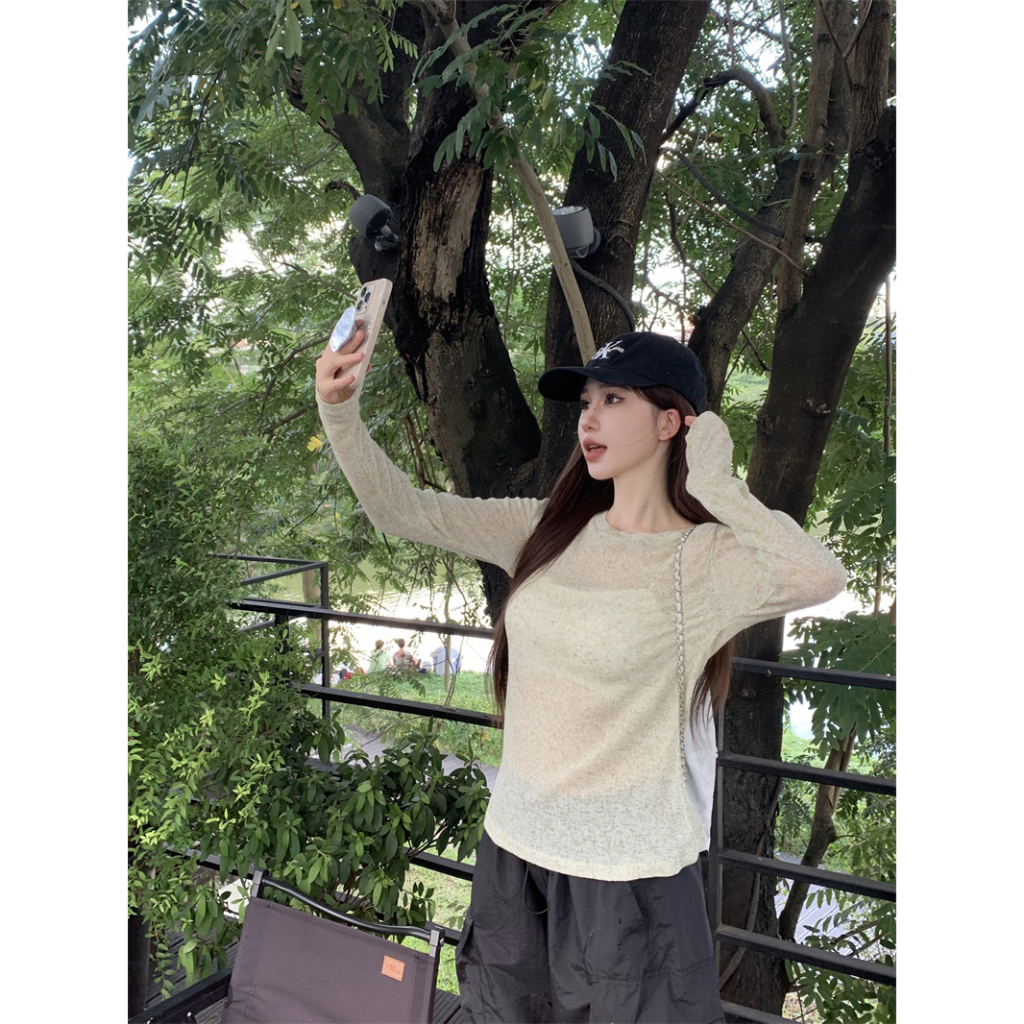 Ethelgirl Áo Thun Mỏng Tay Dài Dáng Rộng Màu Trơn Trong Suốt Chống Nắng Thời Trang Mùa Hè Cho Nữ