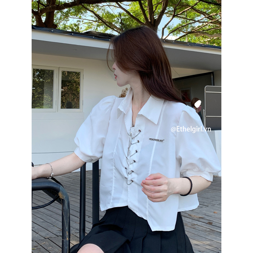 Ethelgirl Áo Sơ Mi Tay Ngắn Phồng Cổ Polo Thời Trang Pháp Cho Nữ