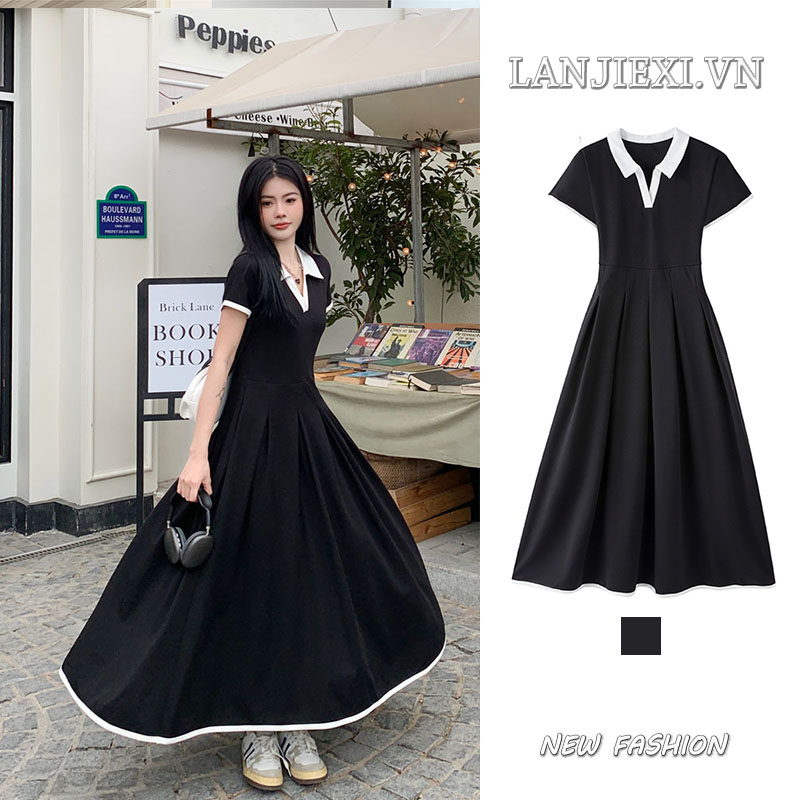 LANJIEXI Đầm POLO Dáng Dài Màu Sắc Tương Phản Phong Cách Thời Trang Mỹ Dành Cho Nữ