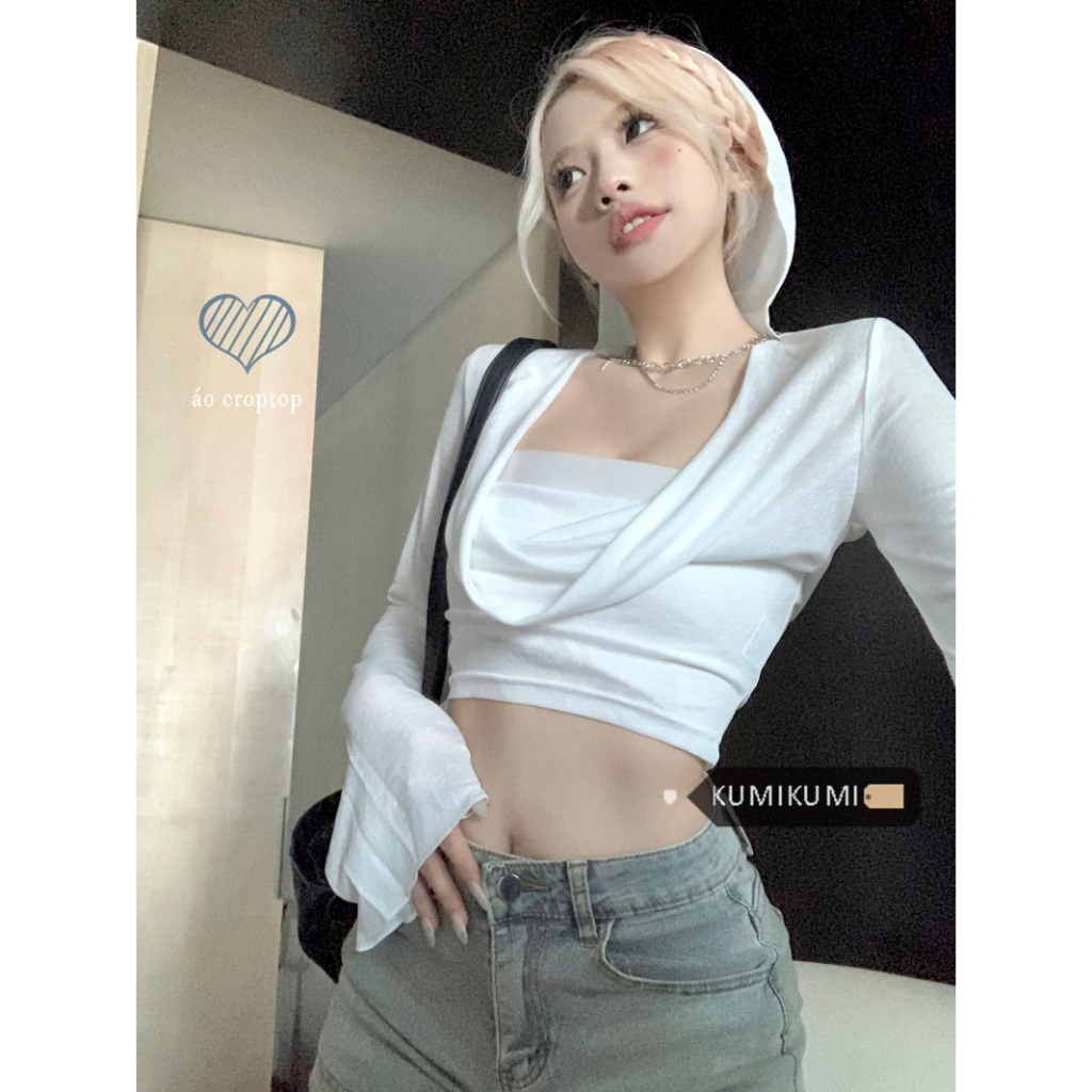 Kumikumi Áo Croptop Tay Dài Có Mũ Trùm Chống Nắng Phong Cách Sa Mạc Gợi Cảm Cho Nữ