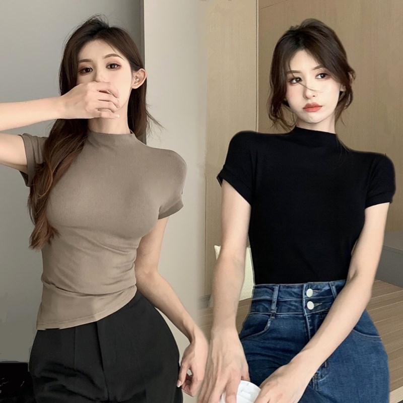 【WANG JIAO ZHAN】Áo crop top cổ lọ ngắn tay màu trơn thời trang【9950】