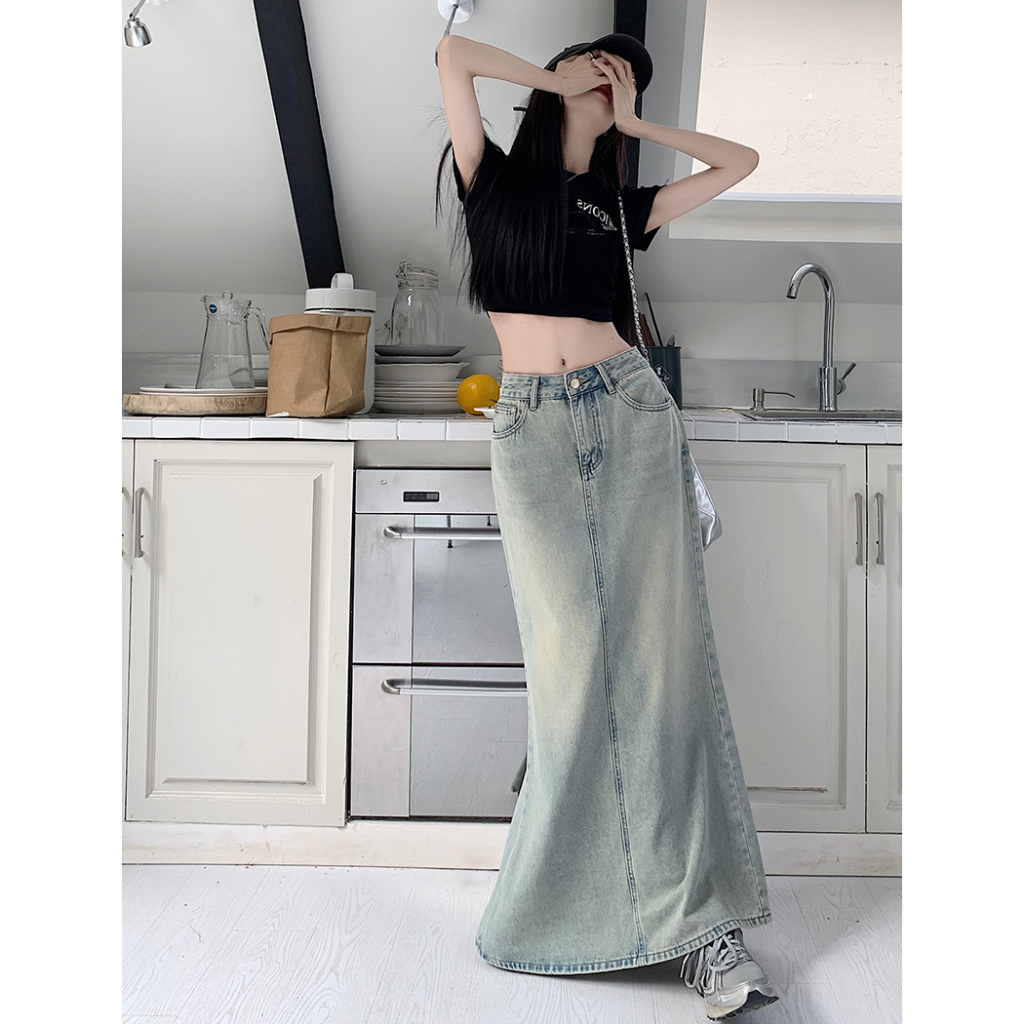 【JMWOMEN】Chân Váy Denim Đuôi Cá Lưng Cao Phong Cách Retro