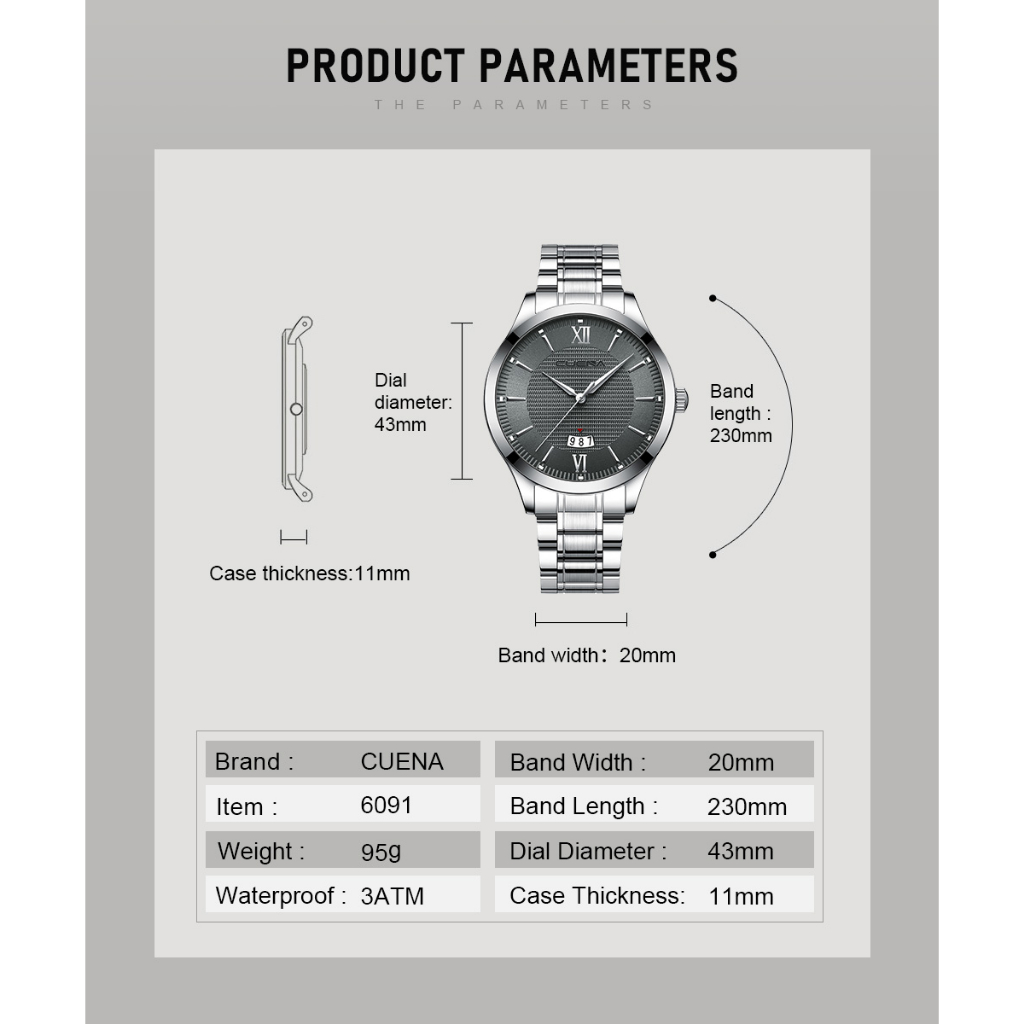 Đồng Hồ Quartz Chạy Kim CUENA Chất Liệu Thép Không Gỉ Chống Thấm Nước Thiết Kế Đơn Giản Thời Trang Cho Nam 6091