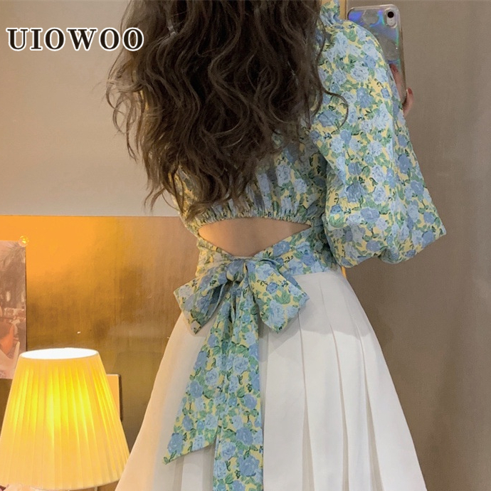 Áo kiểu UIOWOO cổ vuông thiết kế thắt dây eo họa tiết hoa thời trang cho nữ