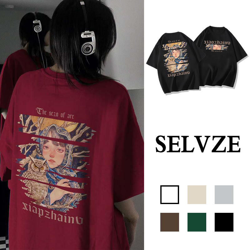 SELVZE Áo Thun cotton Tay Ngắn Dáng Rộng in Hình Độc Đáo Phong Cách hip hop Cổ Điển Thời Trang Cho Nam Và Nữ