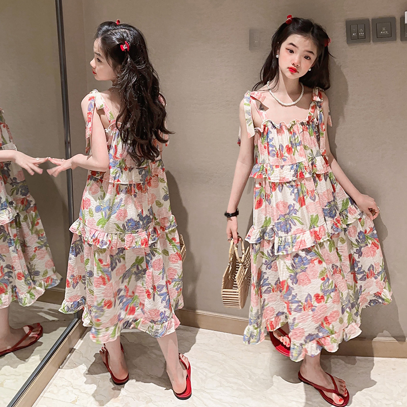 Đầm Công Chúa Hai Dây Không Tay In Hoa Thời Trang Mùa Hè Cho Bé Gái 3-14 Tuổi