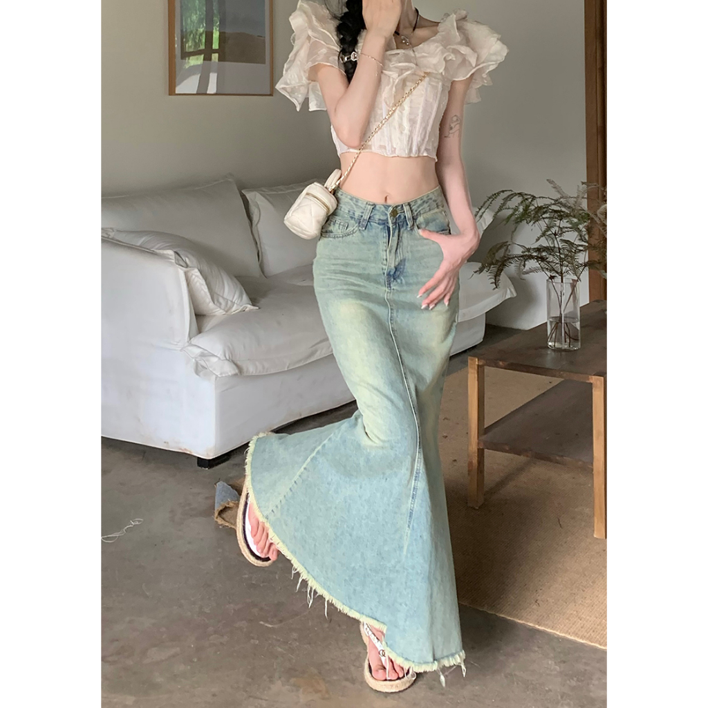 「MOTEL7」Chân Váy Denim Dài Đuôi Cá Lưng Cao Dáng Ôm Màu Giặt Được