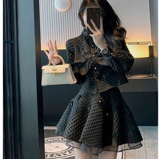 Set áo khoác tay dài thắt nơ + chân váy dài màu đen thời trang cho nữ