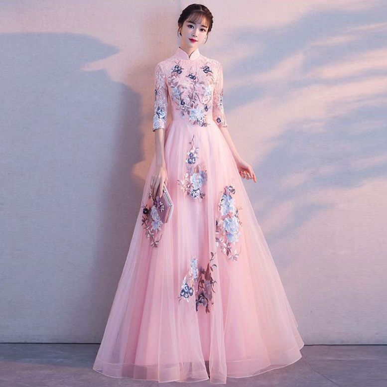 Sườn Xám Cách Tân Dáng Dài Màu Sắc Ngọt Ngào Phong Cách Trung Hoa Thời Trang Xuân Thu Cho Nữ