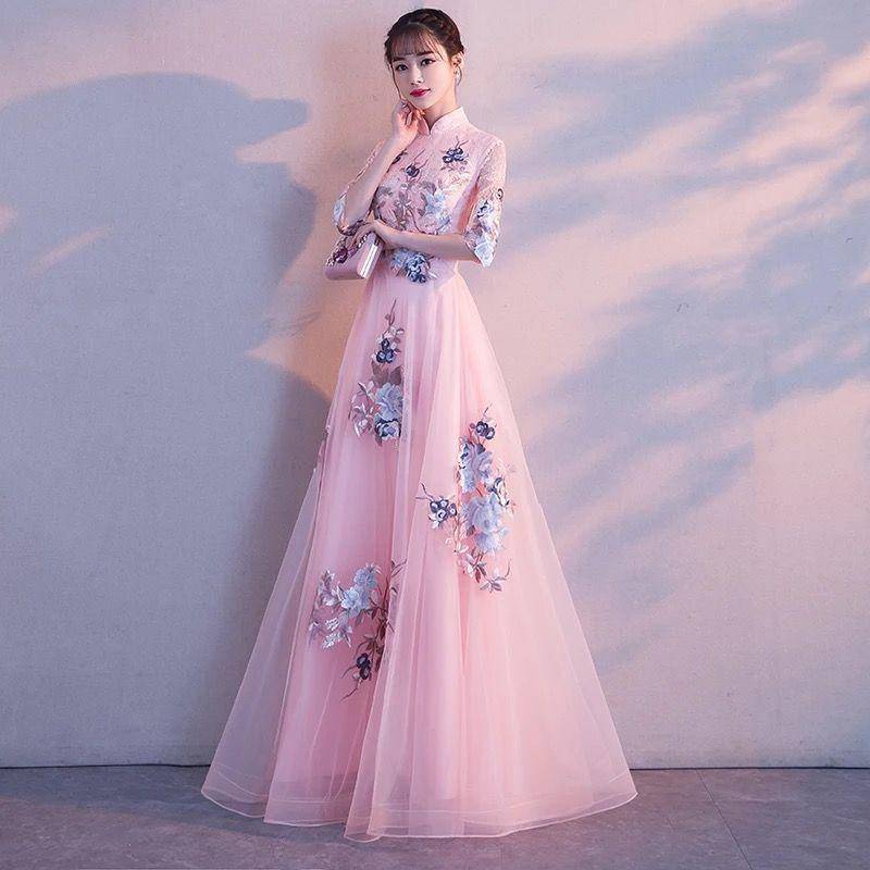 Sườn Xám Cách Tân Dáng Dài Màu Sắc Ngọt Ngào Phong Cách Trung Hoa Thời Trang Xuân Thu Cho Nữ