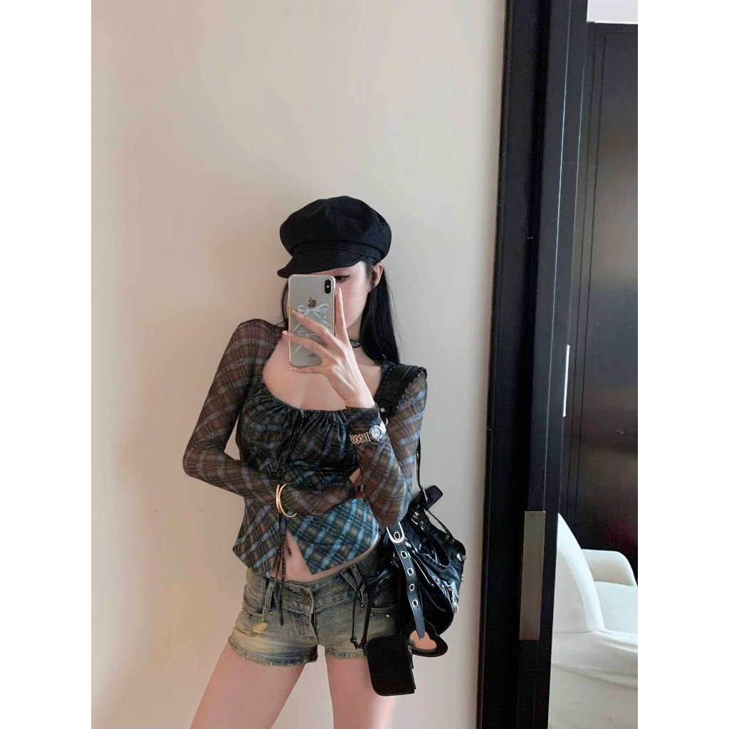 【COLORBLLIND】Áo Thun Lưới Kẻ Sọc Chống Nắng Mùa Hè Eo Hẹp Eo Ngắn Gợi Cảm Cho Nữ