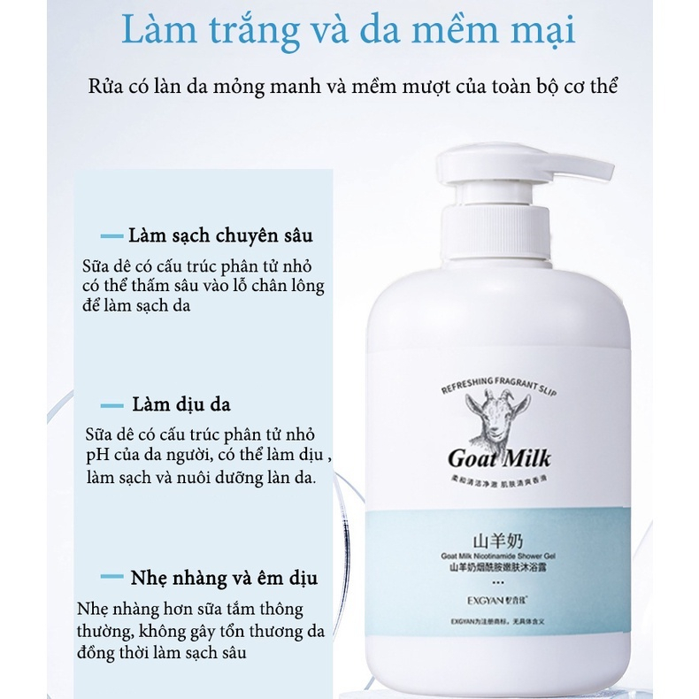 Gel Tắm Sữa Dê 800ml Dưỡng Ẩm Làm Trắng Da Lâu Trôi Hương Sữa Dê Thêm Làm Đều Tông Màu Da