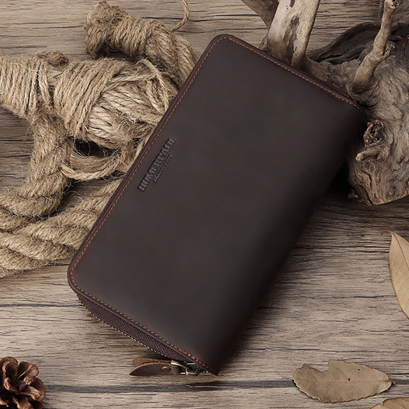 Ví Da Thật Dáng Dài Có Khóa Kéo Phong Cách Vintage Cho Nam