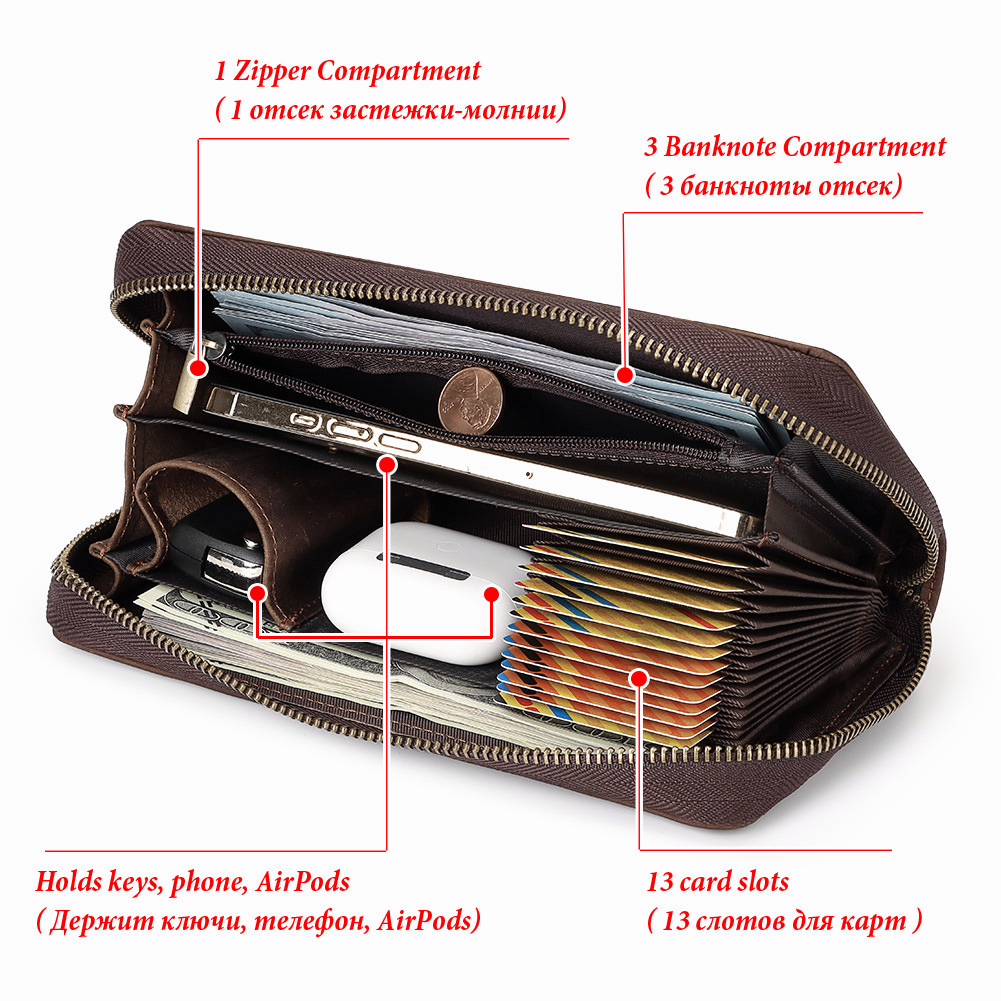 Ví Da Thật Dáng Dài Có Khóa Kéo Phong Cách Vintage Cho Nam