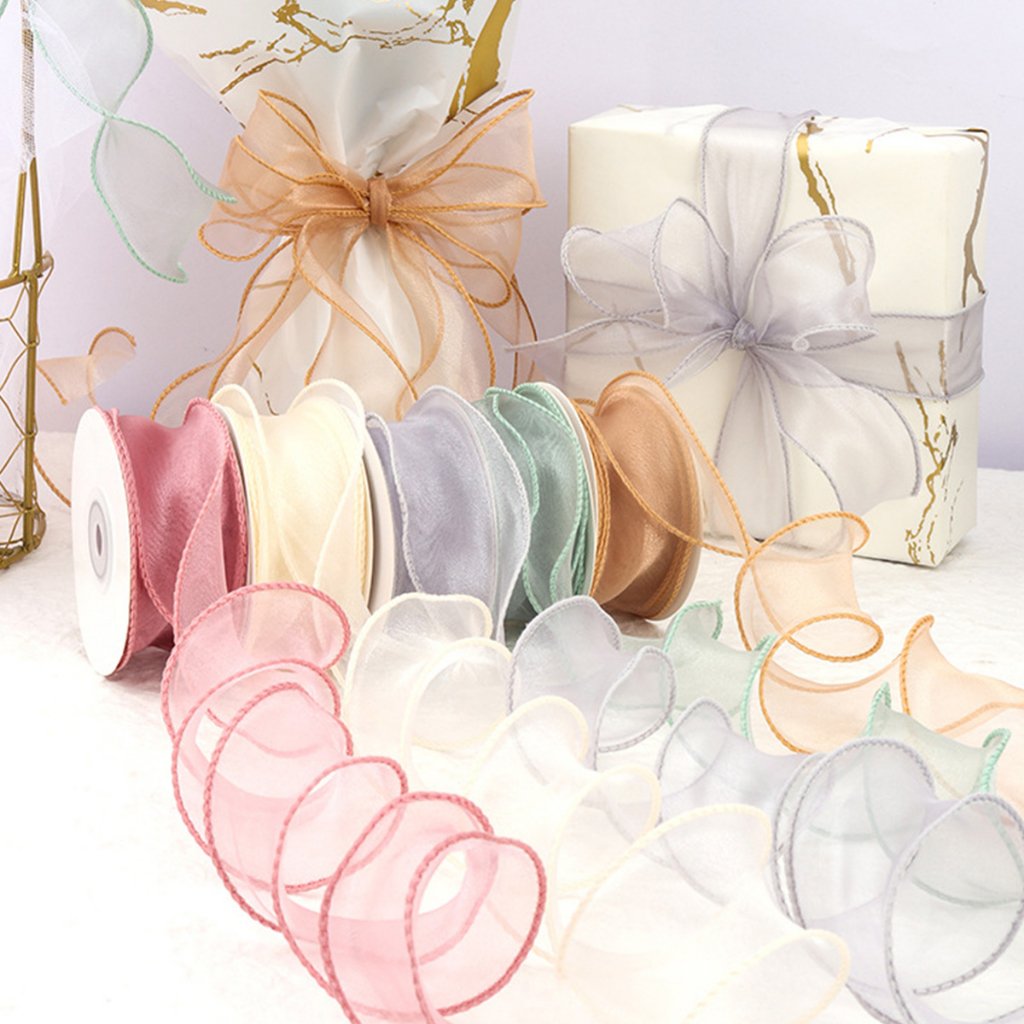 10M Organza Ribbon Vàng Cạnh Voan Ribbon Bao bọc Hộp quà tặng Wedding Bridal Bó hoa Giáng sinh Trang trí
