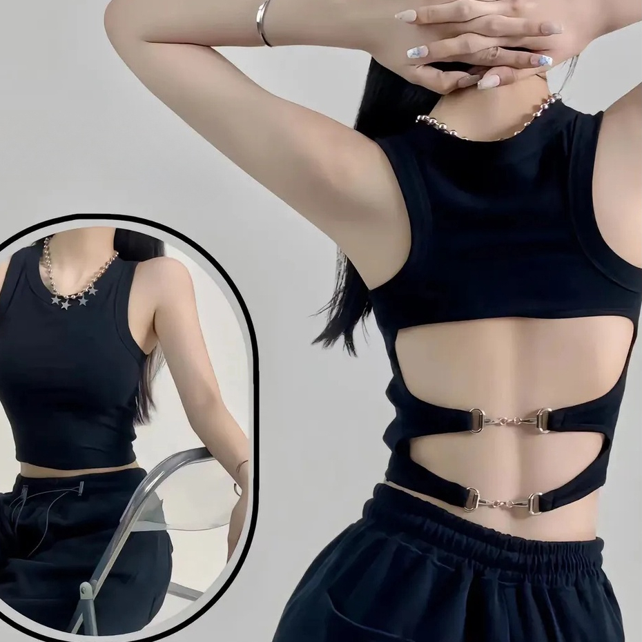 Áo Thun phông croptopáo cổ tròn Áo croptop nữ ôm body áo hở lưng đan dây