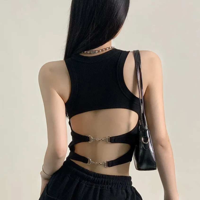 Áo Thun phông croptopáo cổ tròn Áo croptop nữ ôm body áo hở lưng đan dây