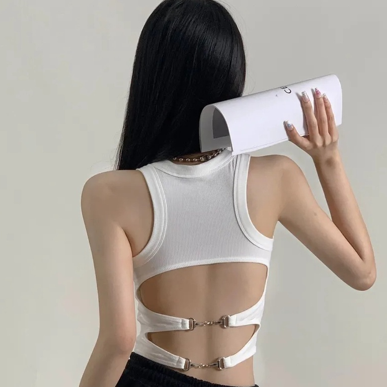 Áo Thun phông croptopáo cổ tròn Áo croptop nữ ôm body áo hở lưng đan dây