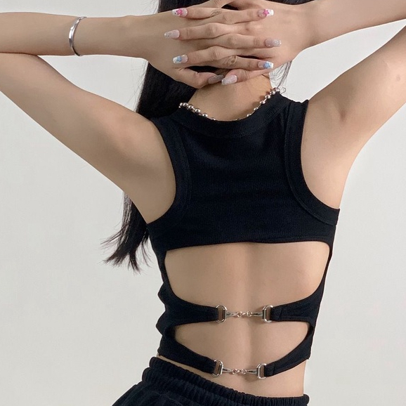 Áo Thun phông croptopáo cổ tròn Áo croptop nữ ôm body áo hở lưng đan dây