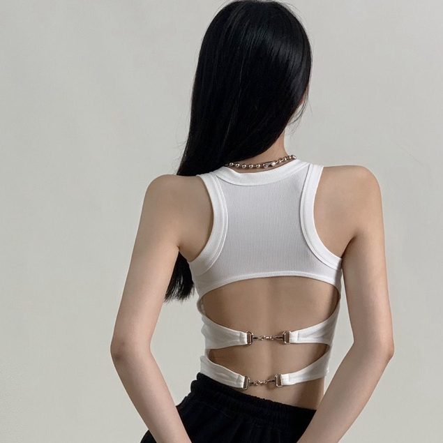 Áo Thun phông croptopáo cổ tròn Áo croptop nữ ôm body áo hở lưng đan dây