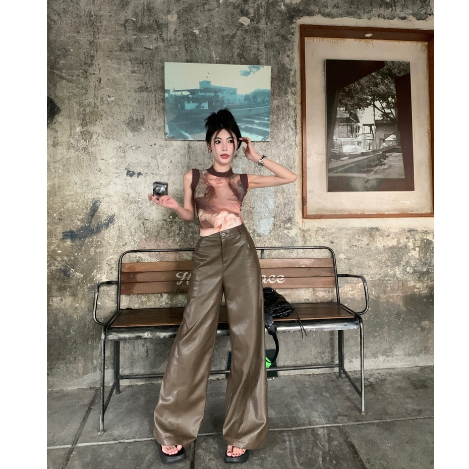 「Nonfatgirl」Set Áo Thun Không Tay + Quần Da Lưng Cao Ống Rộng In Họa Tiết Retro Thời Trang Cho Nữ