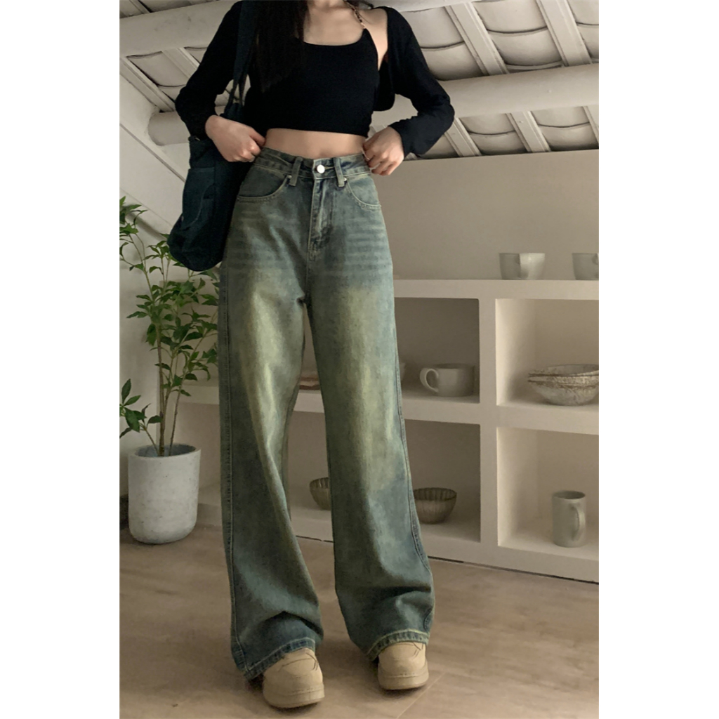 Mỹ retro giặt quần cũ quần jean mùa hè eo cao mỏng ống rộng quần thẳng quần lau quần nữ