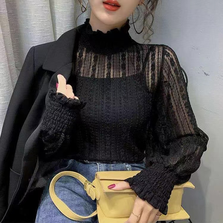 Áo Kiểu Tay Loe Dài Cổ Cao Phối Ren Thời Trang Thu Đông Cho Nữ