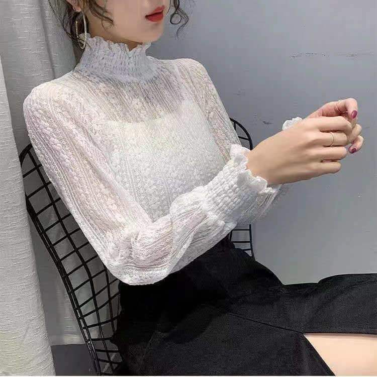 Áo Kiểu Tay Loe Dài Cổ Cao Phối Ren Thời Trang Thu Đông Cho Nữ