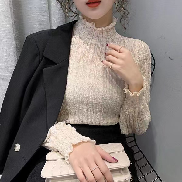 Áo Kiểu Tay Loe Dài Cổ Cao Phối Ren Thời Trang Thu Đông Cho Nữ