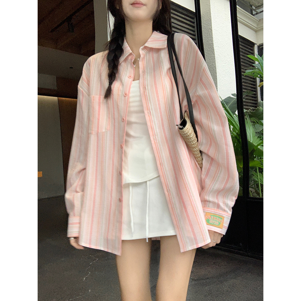 Áo Sơ Mi áo nữ bigsize cotton Lanh Mỏng Dáng Rộng Tay Dài Cổ polo Họa Tiết Kẻ Sọc Màu Xanh Dương Thời Trang Mùa Hè Cho áo nữ mùa hè mát Nữ