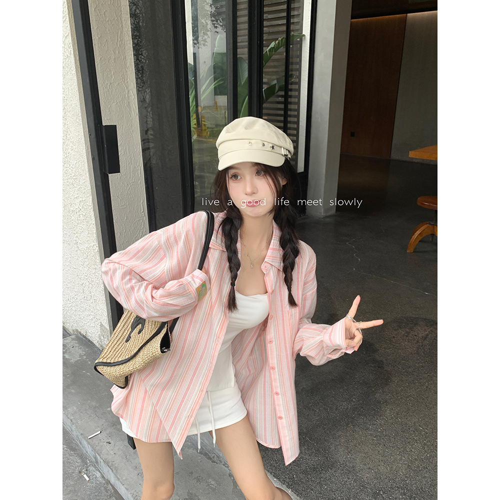 Áo Sơ Mi áo nữ bigsize cotton Lanh Mỏng Dáng Rộng Tay Dài Cổ polo Họa Tiết Kẻ Sọc Màu Xanh Dương Thời Trang Mùa Hè Cho áo nữ mùa hè mát Nữ