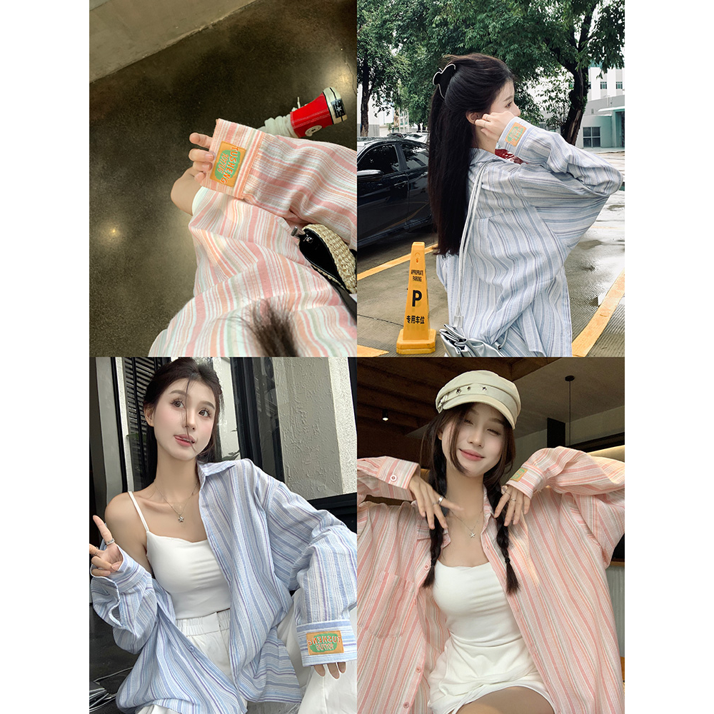 Áo Sơ Mi áo nữ bigsize cotton Lanh Mỏng Dáng Rộng Tay Dài Cổ polo Họa Tiết Kẻ Sọc Màu Xanh Dương Thời Trang Mùa Hè Cho áo nữ mùa hè mát Nữ