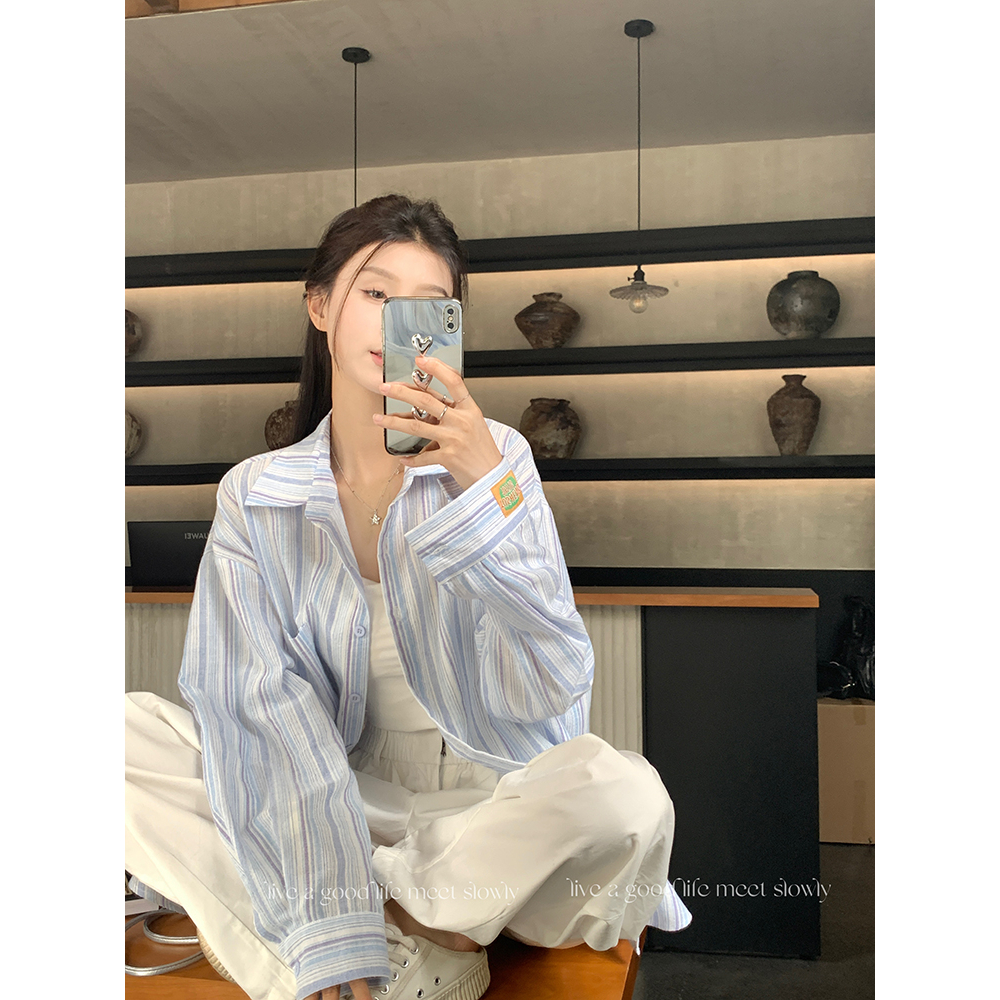 Áo Sơ Mi áo nữ bigsize cotton Lanh Mỏng Dáng Rộng Tay Dài Cổ polo Họa Tiết Kẻ Sọc Màu Xanh Dương Thời Trang Mùa Hè Cho áo nữ mùa hè mát Nữ