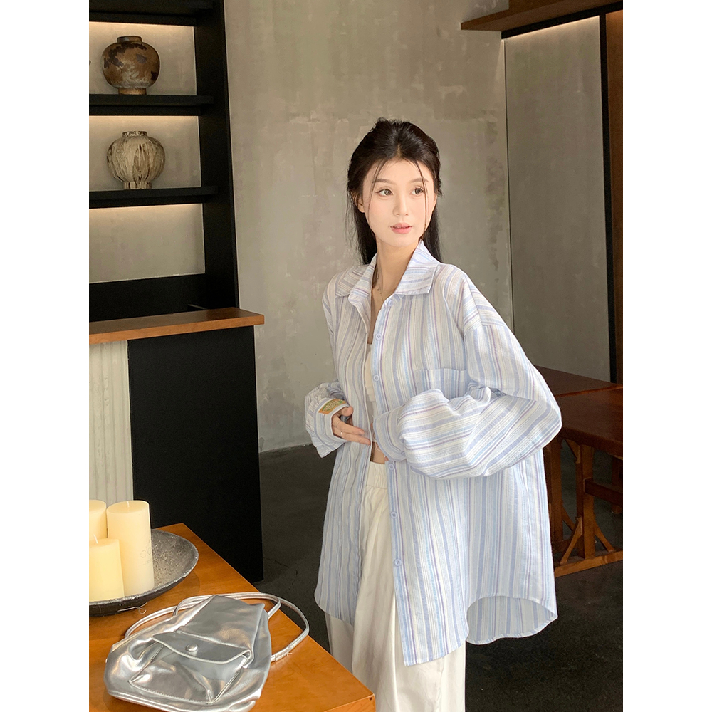 Áo Sơ Mi áo nữ bigsize cotton Lanh Mỏng Dáng Rộng Tay Dài Cổ polo Họa Tiết Kẻ Sọc Màu Xanh Dương Thời Trang Mùa Hè Cho áo nữ mùa hè mát Nữ